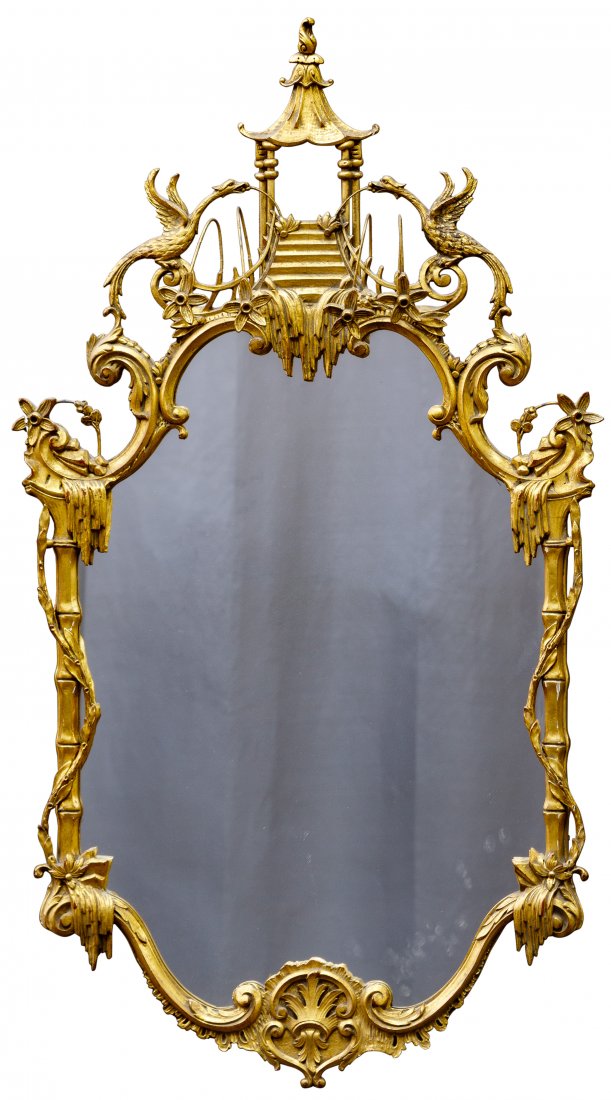 Chinese Chippendale Style Mirror: Chinese Chippendale Style Mirror Reproduction, antiqued gold finish, having pagoda and phoenix bird details and flowers mounted on wire armatures Condition: Good, some small chips and paint loss; over
