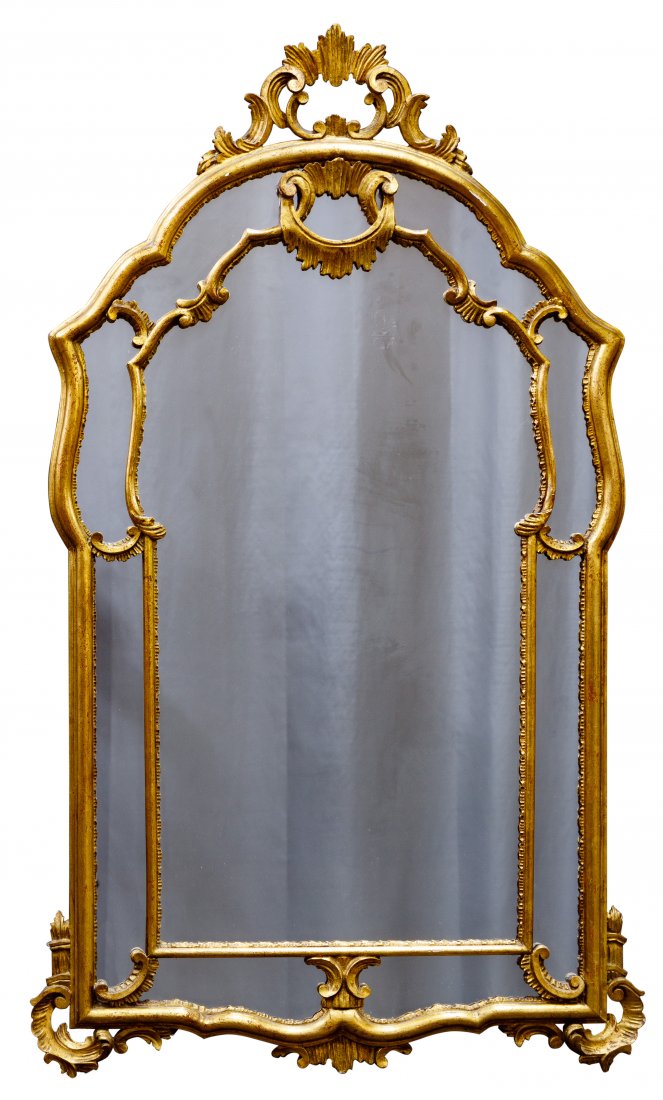 Venetian Gilt Wood Mirror: Venetian Gilt Wood Mirror Having a gilt gesso double frame surmounted by a floral crest Condition: Very Good, minor chipping overall; no chips or cracks to glass noted; overall light wear consistent w