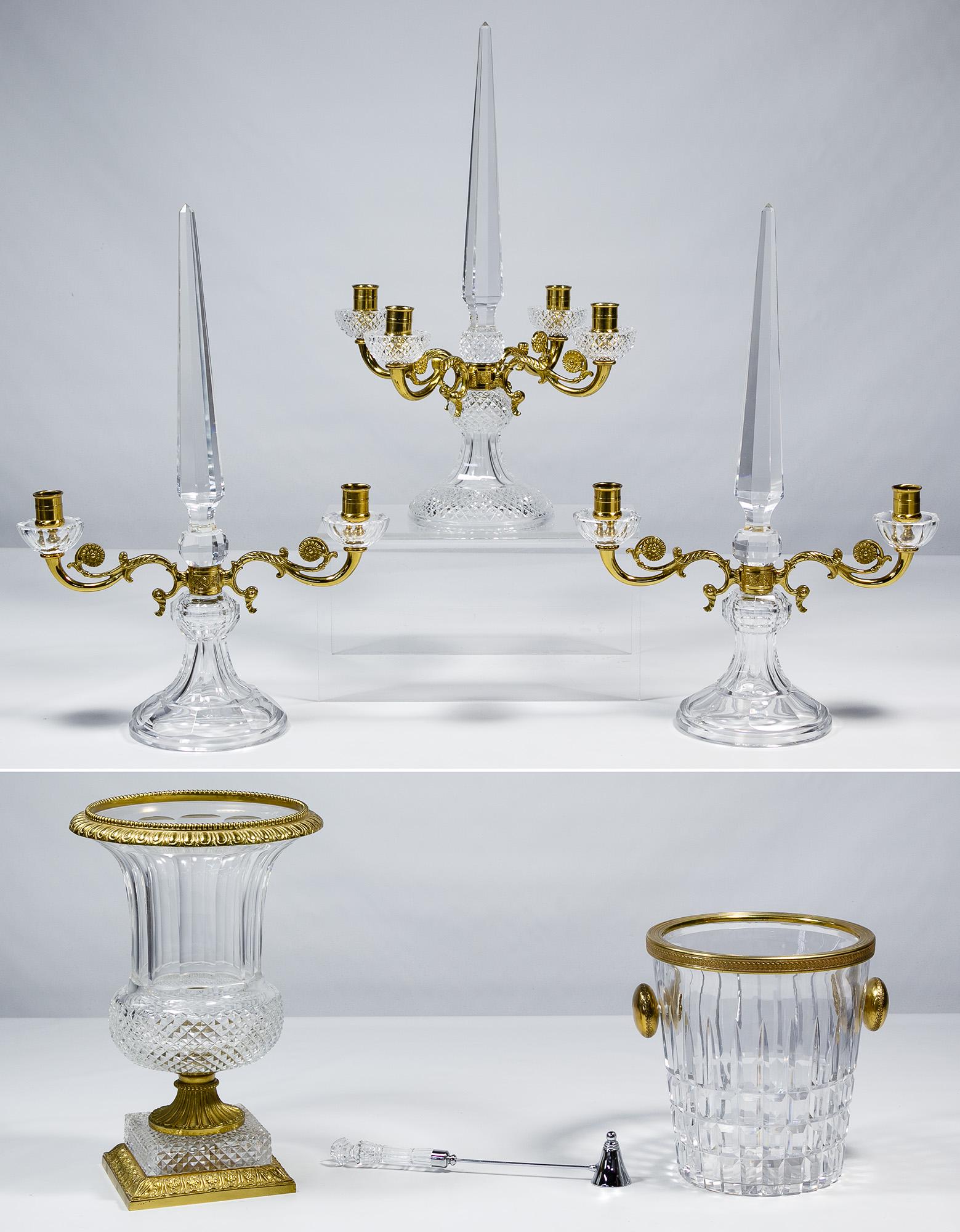 Crystal Candelabra and Table Set: Crystal Candelabra and Table Set Six items including a French cut crystal vase and candelabra having a obelisk center and brass ormolu accents; a pair of crystal candelabras with brass ormolu and obel