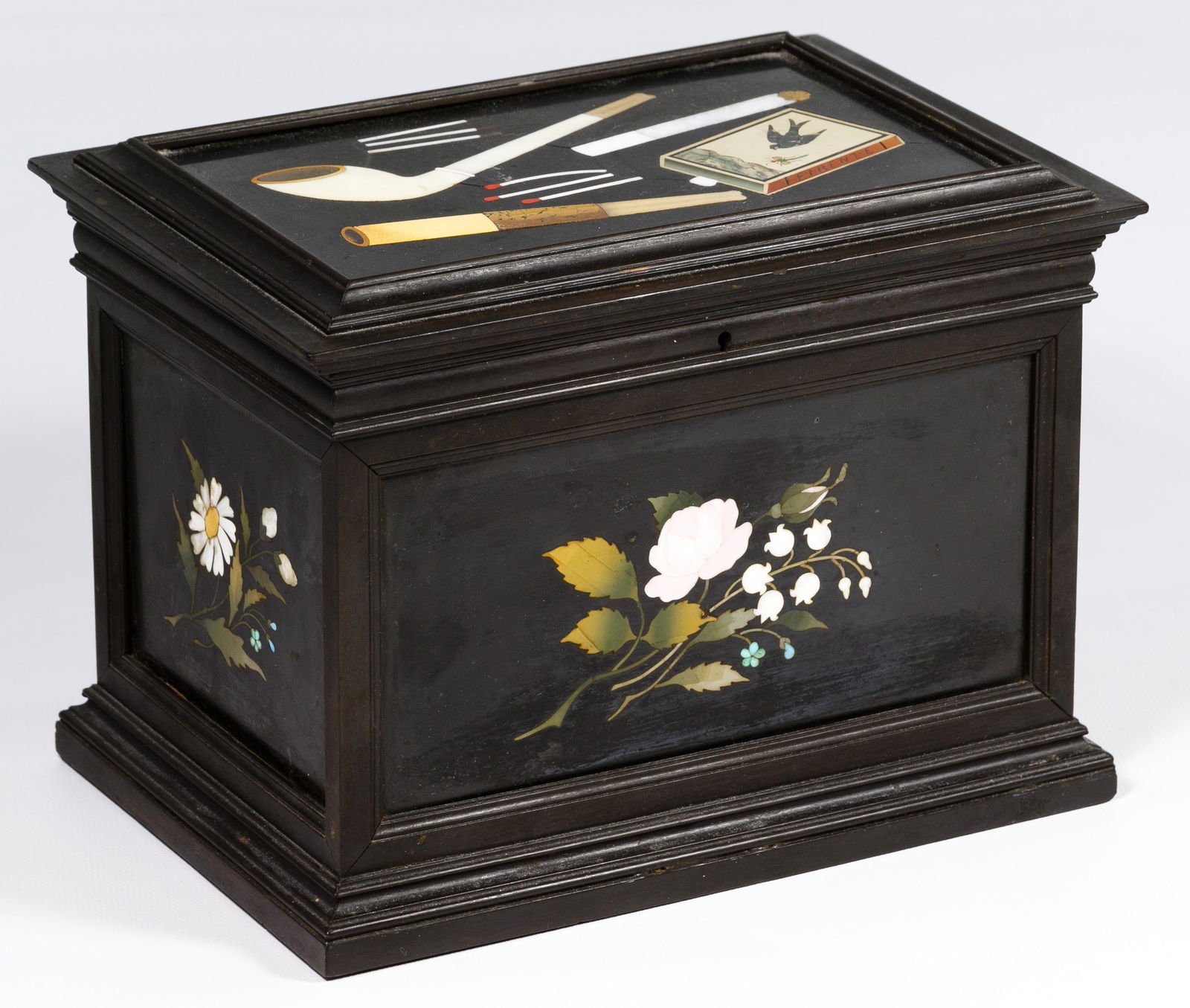 Ebony and Pietra Dura Smoking / Cigar Box: Ebony and Pietra Dura Smoking / Cigar Box Framed ebony box having five pictorial pietra dura panels, hinged lid depicting smoking paraphernalia and the four sides displaying flowers; mahogany interior