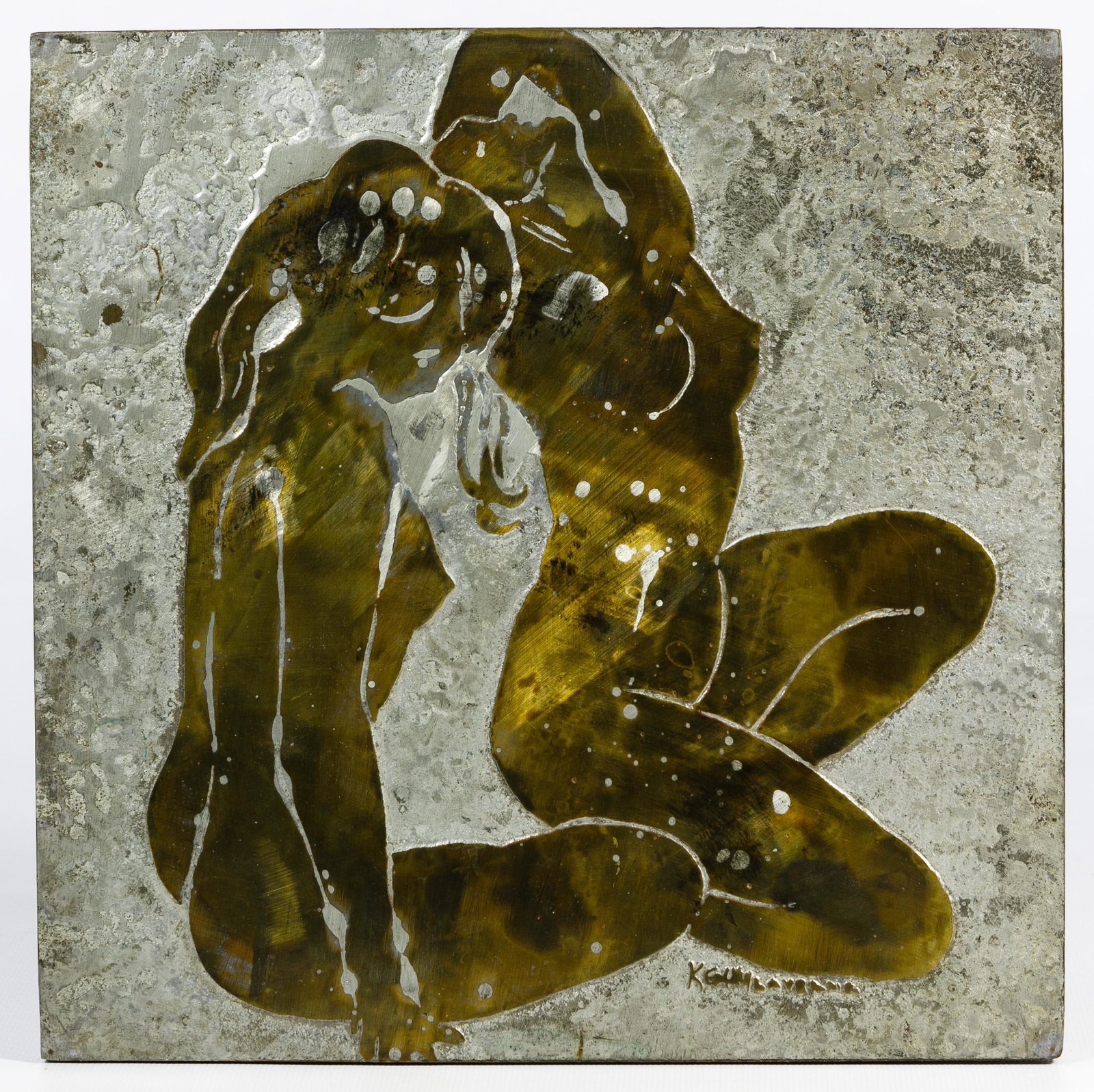 Philip and Kelvin Laverne (American, 20th Century): Philip and Kelvin Laverne (American, 20th Century) Etched Bronze and Pewter Plaque Undated, signed lower right, 'Ecstasy', etched and oxidized, two nude women sitting, paper label on verso Condition: 