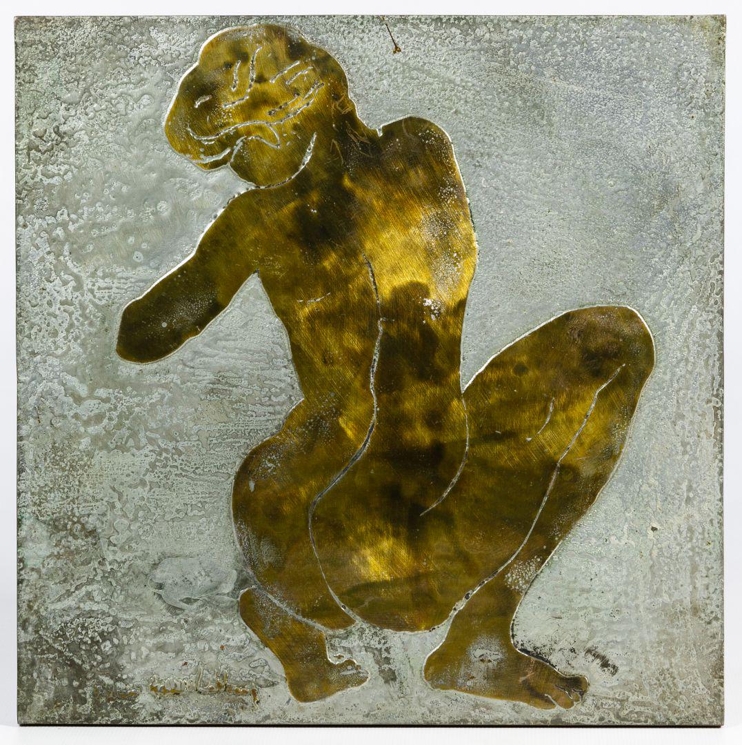 Philip and Kelvin Laverne (American, 20th Century): Philip and Kelvin Laverne (American, 20th Century) Etched Bronze and Pewter Plaque Undated, signed lower left, 'Crouching Woman', oxidized, nude woman crouching, paper label on verso Condition: Very G