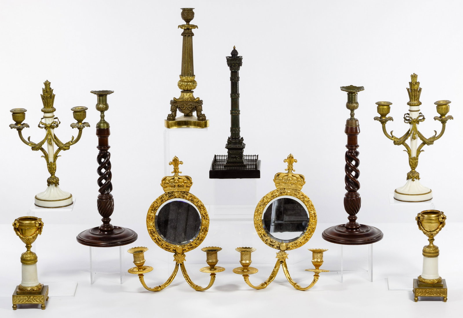 Sconce and Candelabra Assortment: Sconce and Candelabra Assortment Nine items including Grand Tour souvenir bronze building, pair of gold gilt brass beveled mirror wall sconces, pair of white marble and bronze candelabras, pair of foo