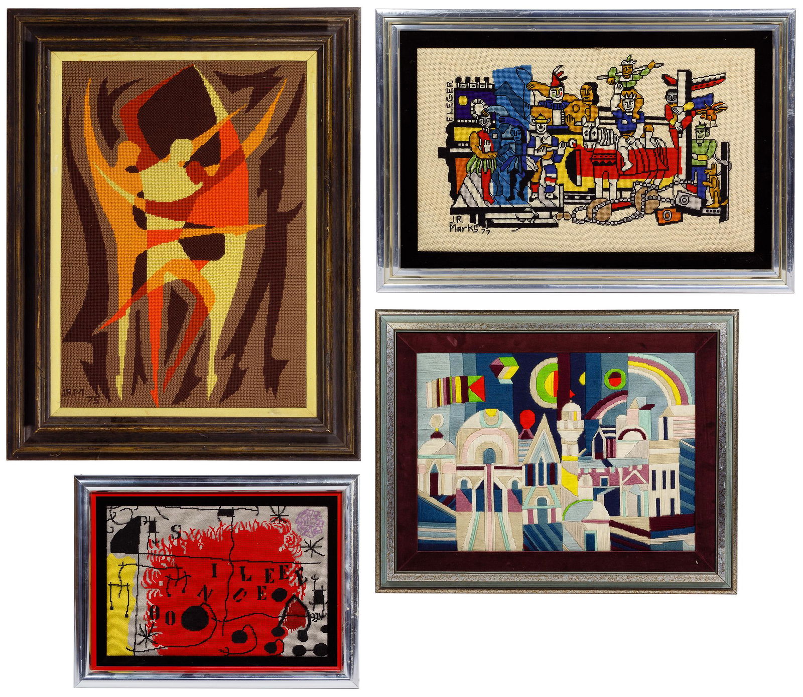 Needlepoint and Crewelwork Assortment: Needlepoint and Crewelwork Assortment Four items including an after Fernand Leger 'Circus Troupe' having stitched signature 'J.R. Marks 77' and an abstract depicting dancers initialed 'J.R.M. 75'; fra