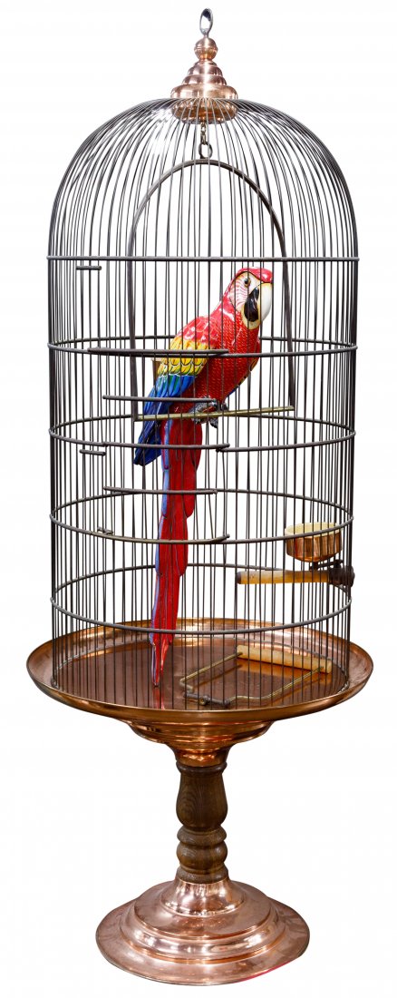 Carlos (Munoz) and Albert (Ickenroth) (Mexican / Dutch,: Carlos (Munoz) and Albert (Ickenroth) (Mexican / Dutch, 20th Century) Sculpture Undated, signed right chest, # 125/150, brightly colored papier mache parrot in very large round metal cage, copper acce