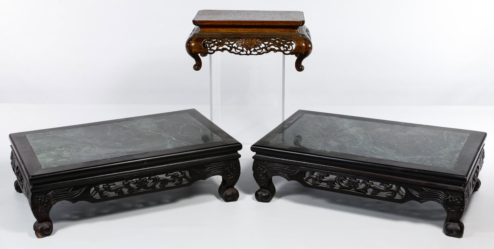 Asian Style Stand Assortment: Asian Style Stand Assortment Three carved wood stands including a pair having ebonized wood framing marble tops Condition: Very Good, no chips or cracks noted; overall light wear consistent with age a