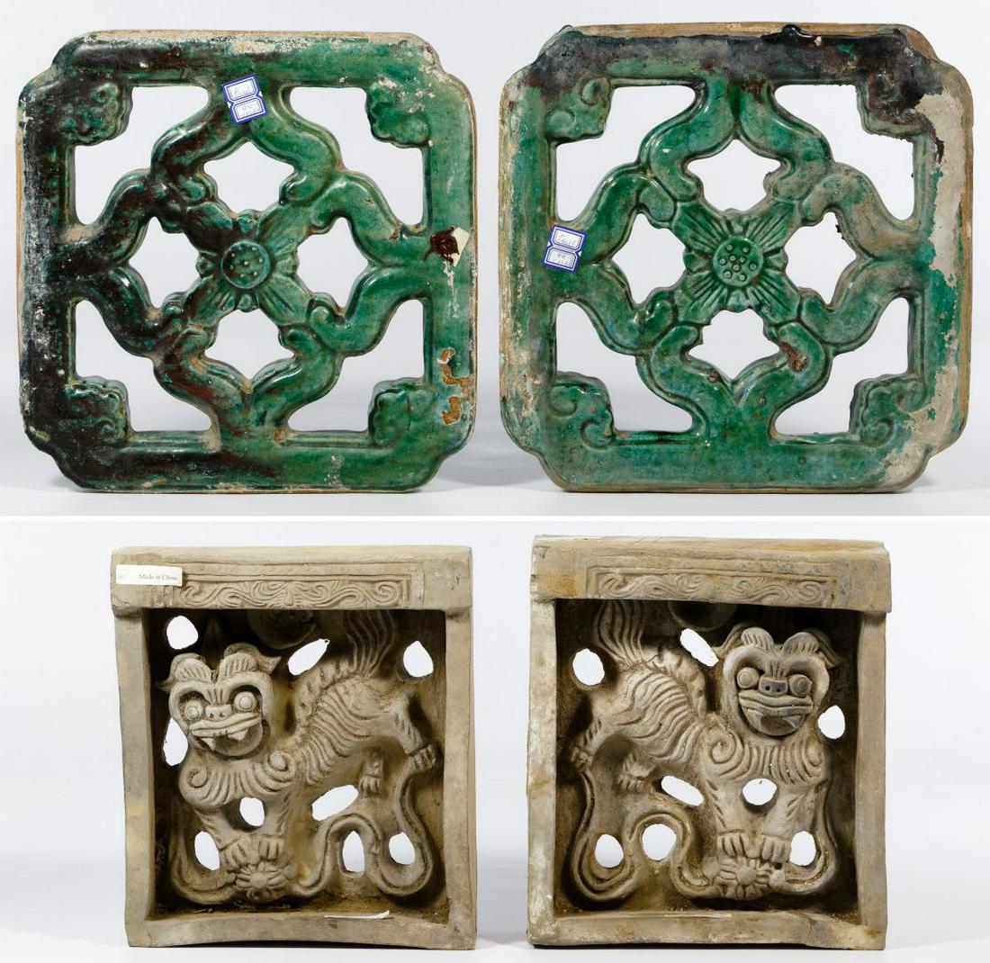 Asian Style Architectural Ceramic Assortment: Asian Style Architectural Ceramic Assortment Four items including a pair of Han style green glazed two-sided screen tiles having open-work floral design and a pair of Yuan style unglazed and pierced s