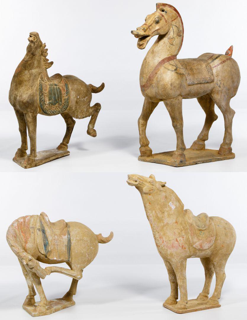 Asian Tang Style Terracotta Horse Figurine Assortment: Asian Tang Style Terracotta Horse Figurine Assortment Four tomb figure or pottery sculpture of painted earthenware of saddled horses, two having back legs raised, all on stands Condition: Very Good to