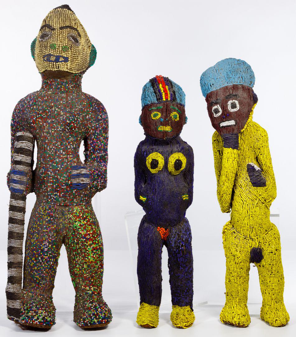 African Beaded Figure Sculptures: African Beaded Figure Sculptures Including 20th century Bamileke Yoruba beaded female ancestor sculpture figure from Nigeria and two Bamun beaded figures from Cameroon; all having stringed beads adher