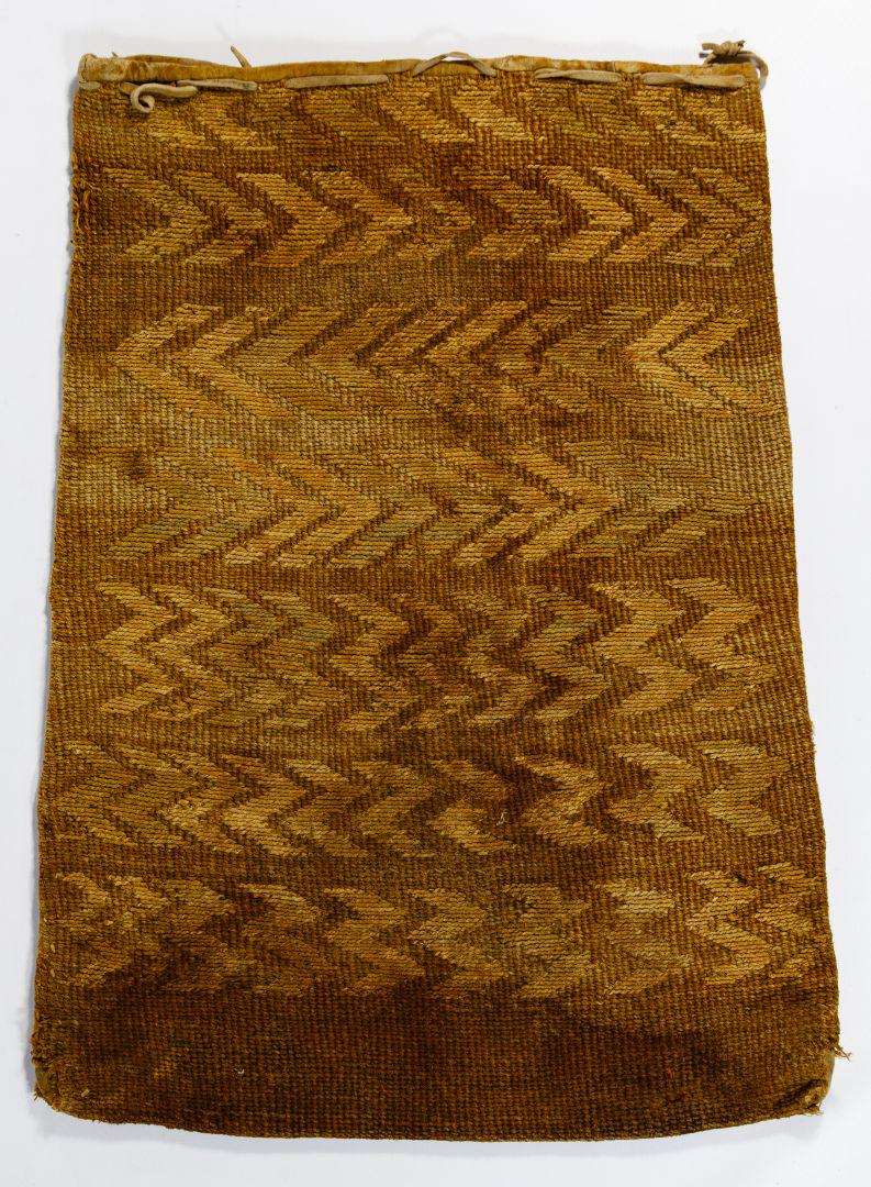 Native American Nez Perce Corn Husk Bag: Native American Nez Perce Corn Husk Bag Late 19th to early 20th century Nez Perce hand-woven flat twined corn husk bag having a chevron pattern on one side and a stacked triangle pattern on the other 