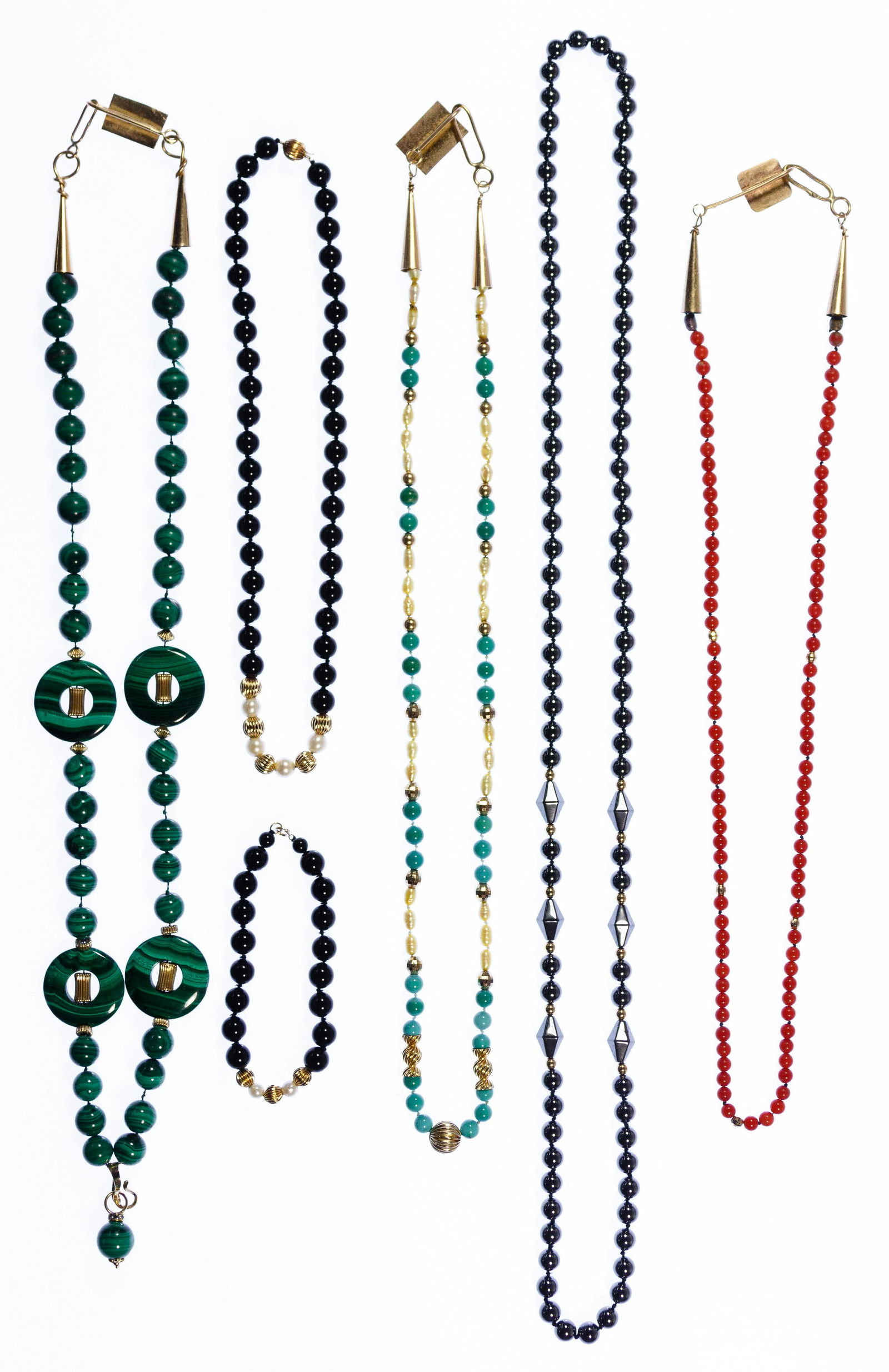 14k Gold and Semi-Precious Gemstone Necklace and: 14k Gold and Semi-Precious Gemstone Necklace and Bracelet Assortment Including five necklaces in turquoise, coral, hematite, malachite and black stone as well as a bracelet; most marked '14k' Conditio