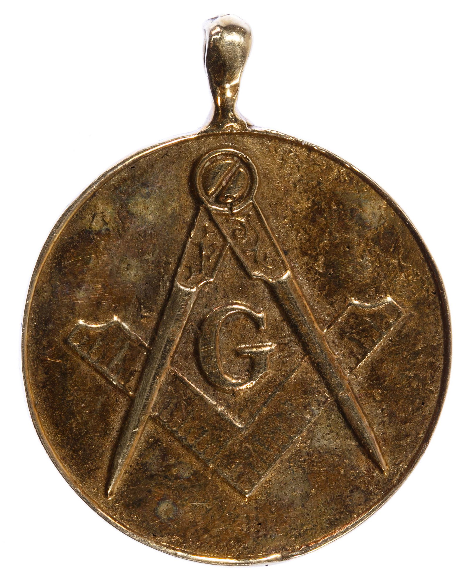 14k Gold Masonic Pendant: 14k Gold Masonic Pendant Having the Masonic Freemasonry symbol of a square and a compass with a 'G' on both sides Condition: Very Good, overall light wear; unmarked but acid tested as 14k gold Diamete