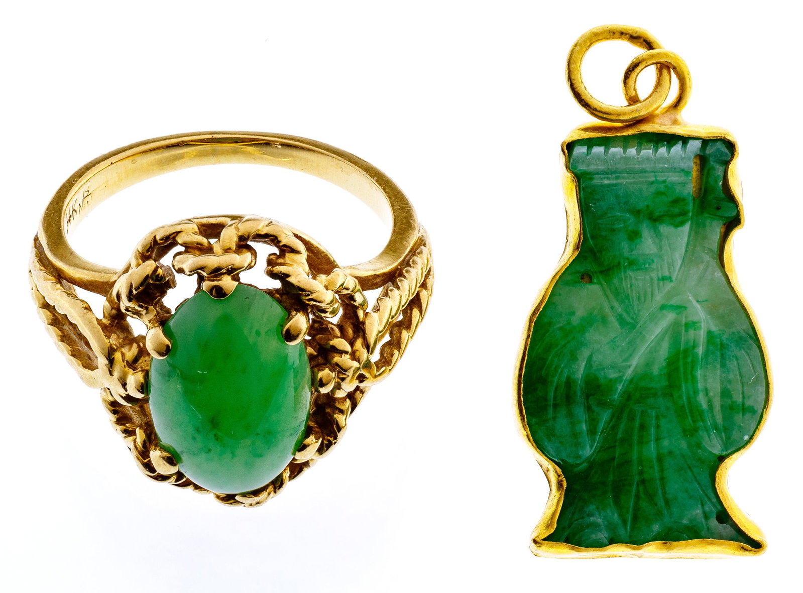 22k Gold Pendant and 14k Gold Ring: 22k Gold Pendant and 14k Gold Ring Two items including a Buddha pendant cased in gold as well as a marked '14k' gold filigree ring having oval cut cabochon jadeite jade stone Condition: Very Good, ove