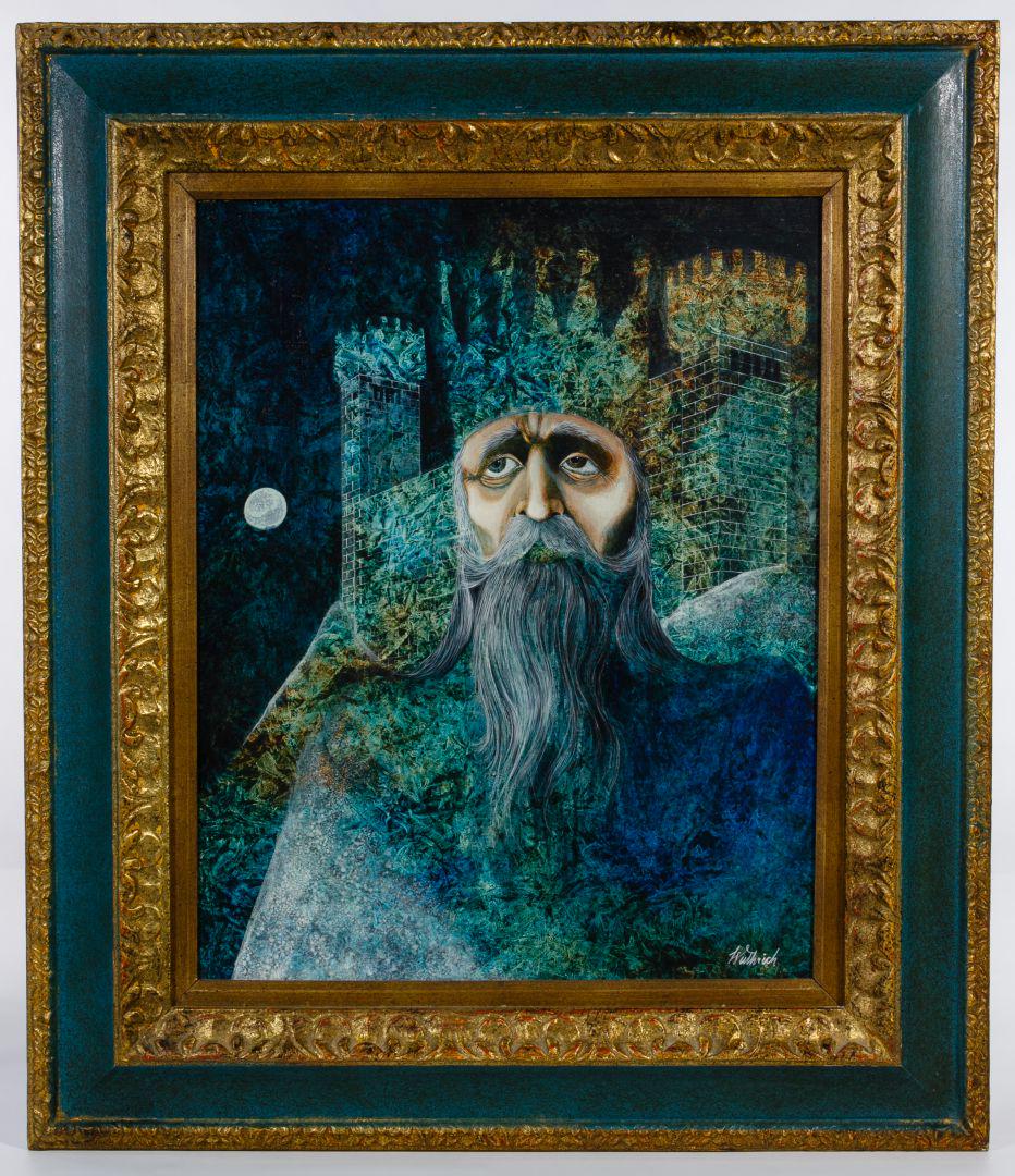 Dan Wuthrich (American, b.1935) 'To the Old King' Oil: Dan Wuthrich (American, b.1935) 'To the Old King' Oil on Board Undated, signed lower right, painted in blue and green colors, depicting a night scene of a king and his castle, artist information en ve