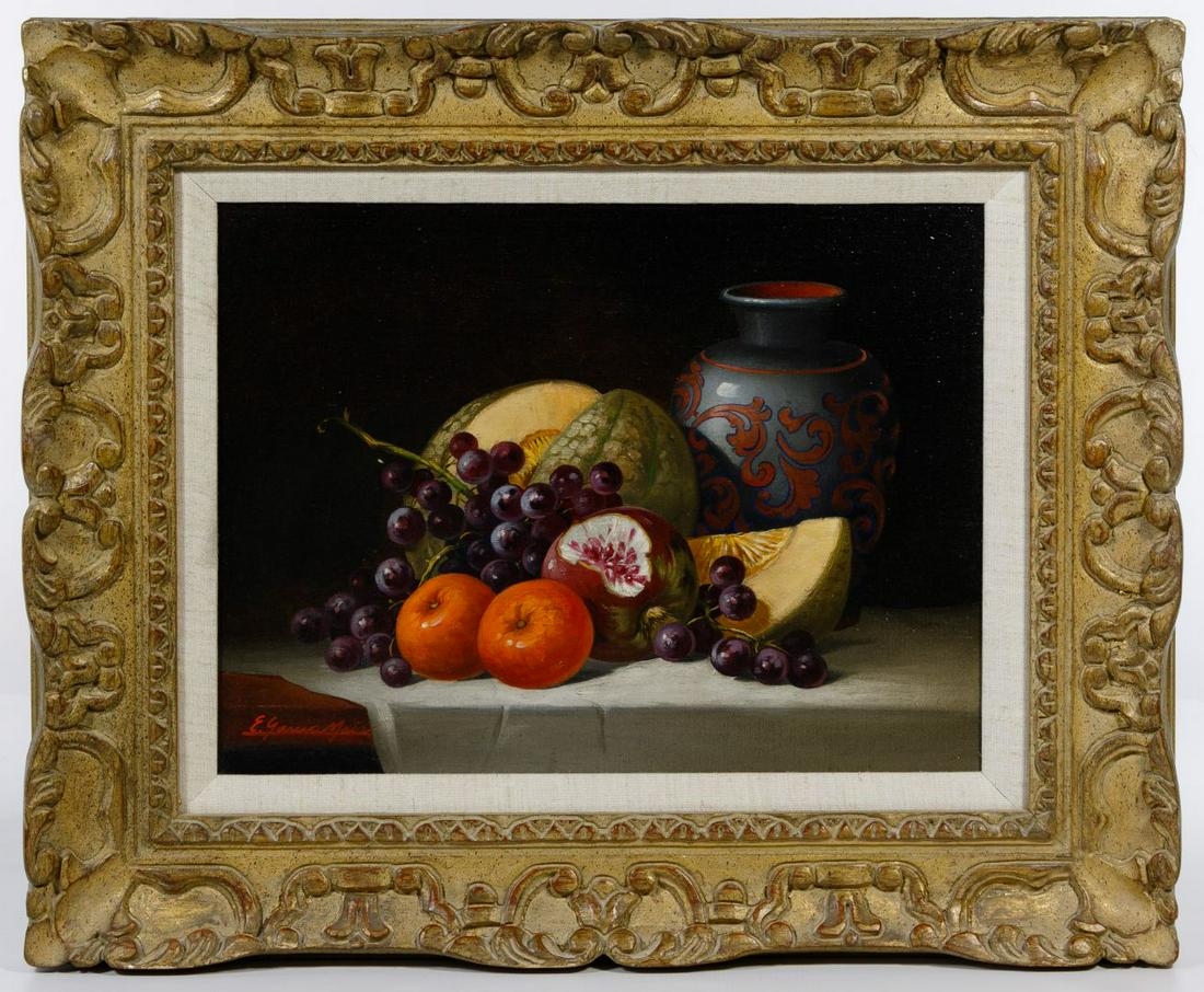 E. Garcia Mata (Cuban / American, 1910-1985) Oil on: E. Garcia Mata (Cuban / American, 1910-1985) Oil on Canvas Undated, signed lower left, depicting a still life fruit arrangement, housed in a carved wood frame with linen liner, information label en ve