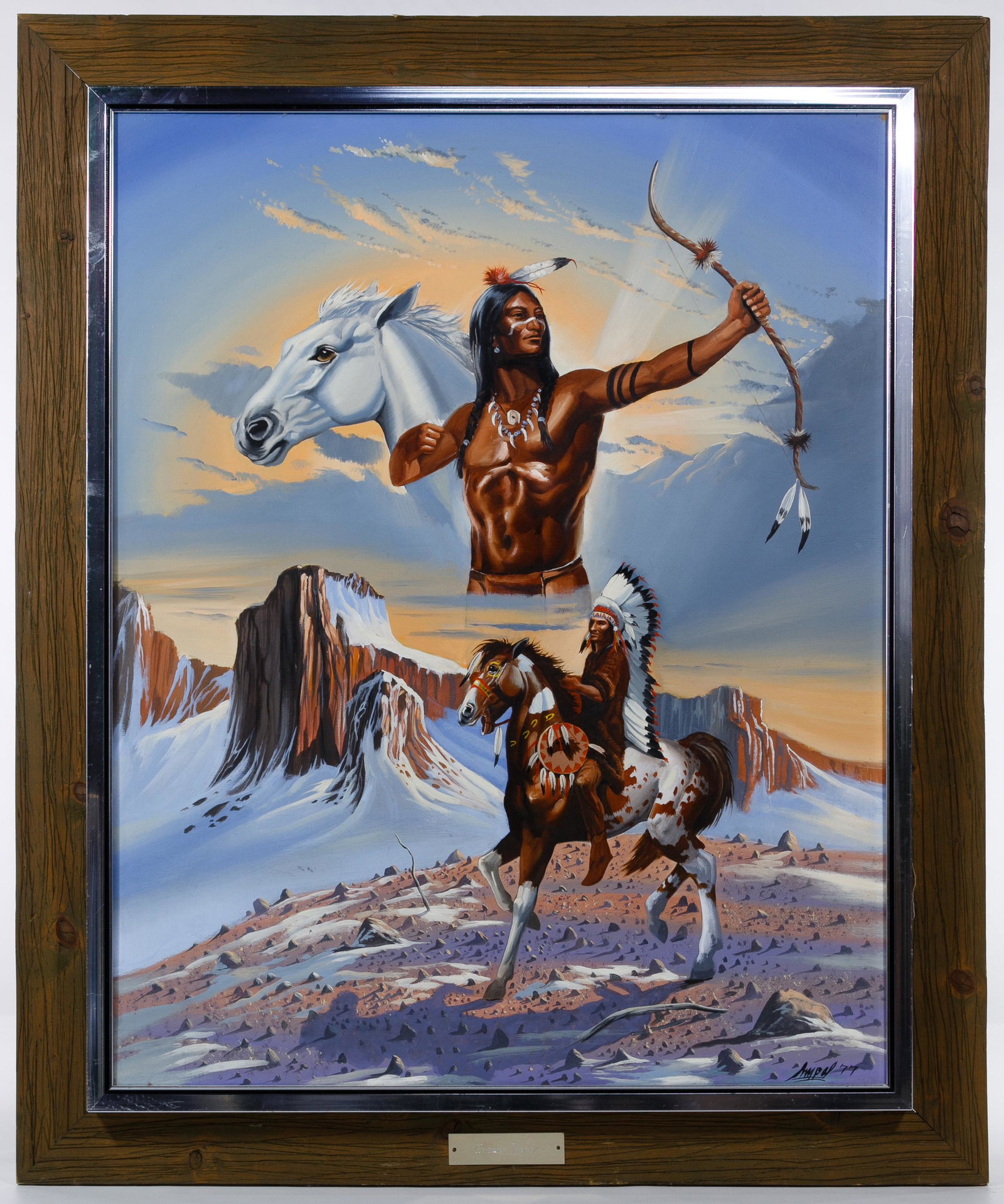 Gary Ampel (American, 20th Century) 'Crazy Horse' Oil: Gary Ampel (American, 20th Century) 'Crazy Horse' Oil on Board 1977, signed and dated lower right; depicting an Indian riding a horse with a horse and Indian in the sky Condition: Very Good, light dir