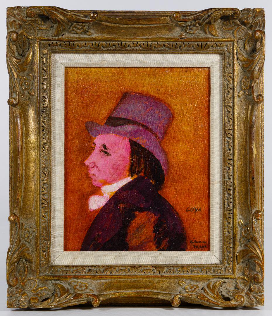 Gustav Likan (German / American, 1912-1998) 'Goya' Oil: Gustav Likan (German / American, 1912-1998) 'Goya' Oil on Canvas Board 1977, signed and dated lower right, depicting a profile of a man with a top hat, gold ornate wood frame, artist bio en verso Cond