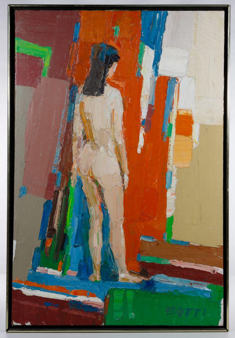 Italo Botti (American, 1923-2003) Oil on Canvas: Italo Botti (American, 1923-2003) Oil on Canvas Undated, signed lower right, depicting a nude Condition: Very Good, light dirt accumulation; craquelure upper right corner and lower left corner; not ex