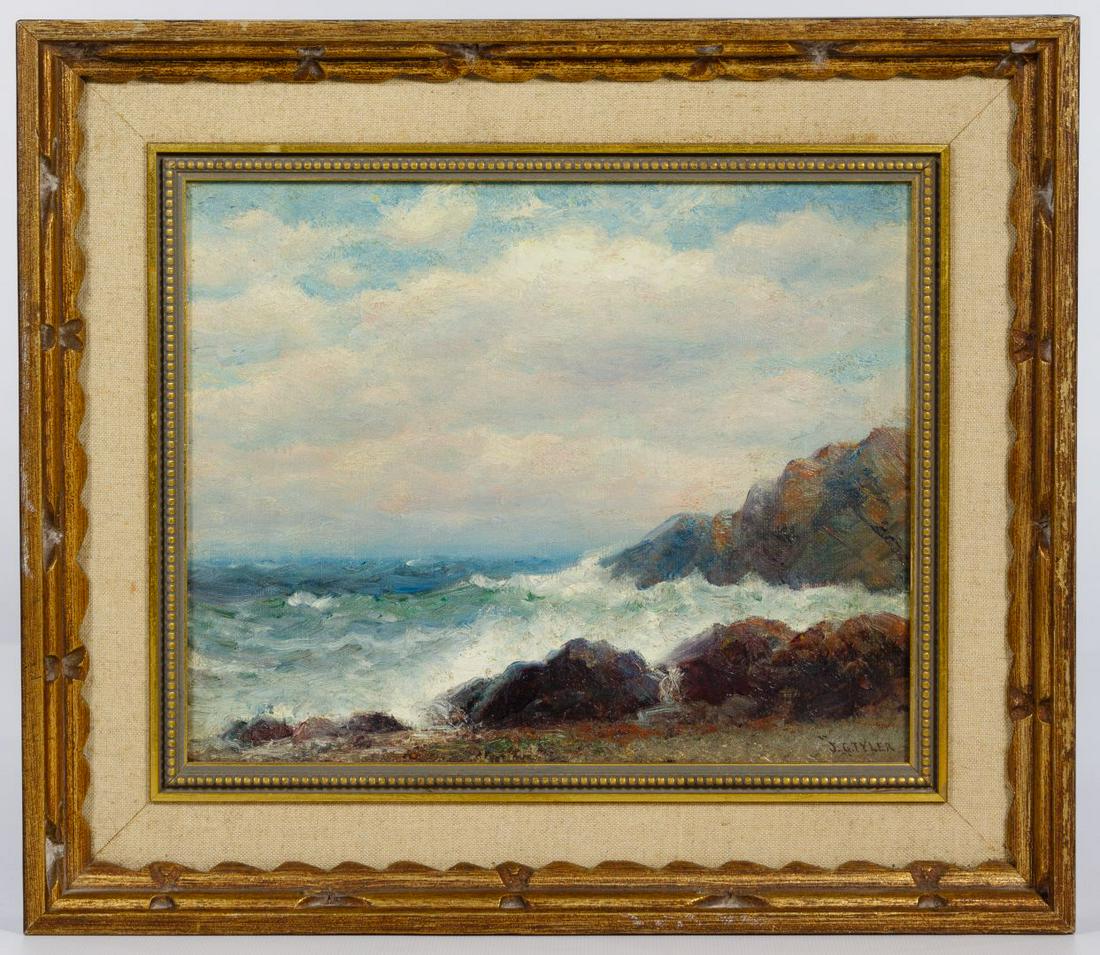 James Gale Tyler (American, 1855-1931) Oil on Canvas: James Gale Tyler (American, 1855-1931) Oil on Canvas Undated, signed lower right, coastal scene with waves crashing, gold and linen frame Condition: Very Good, no damage noted, light dirt accumulation