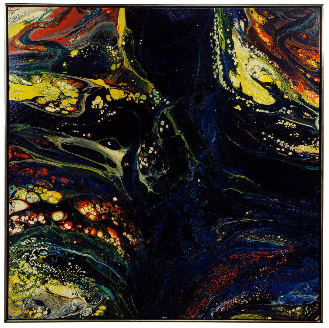 Richard Mann (American, 20th Century) Abstract Oil on: Richard Mann (American, 20th Century) Abstract Oil on Board Undated, signed bottom center, depicting a deep blue background and fluid, abstract shapes dominated by shades of red and yellow, having a g