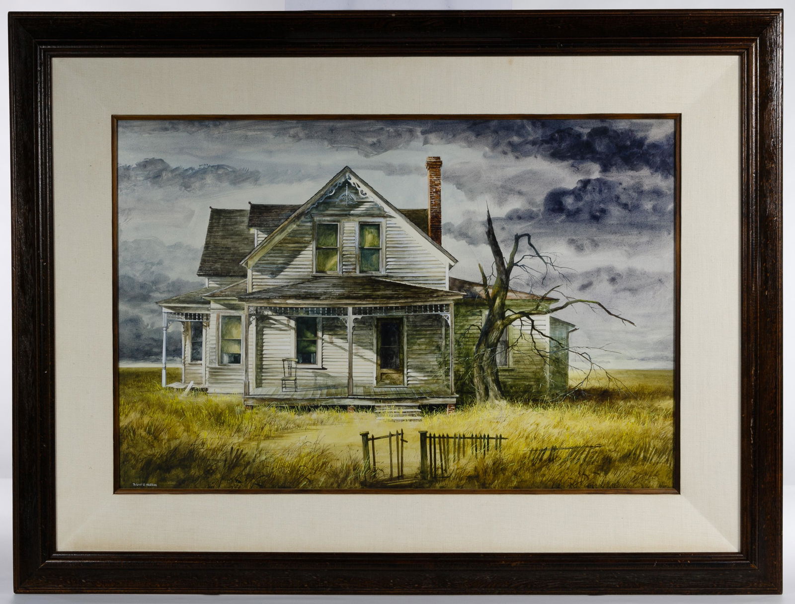 Robert Addison (American, 1924-1988) Watercolor: Robert Addison (American, 1924-1988) Watercolor Undated, signed lower left, depicting an abandoned run down farm house, stormy skies, artist bio en verso Condition: Very Good, light dirt accumulation;