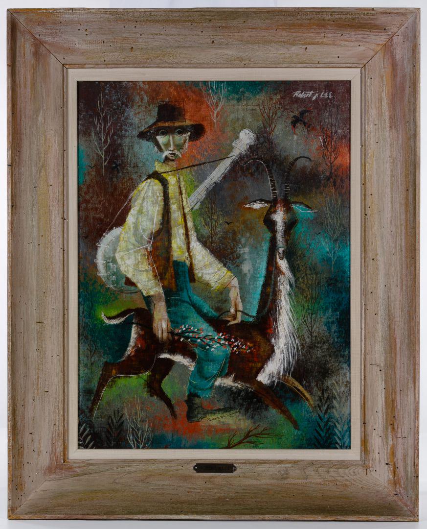 Robert J Lee (American, 1921-1994) Oil on Masonite: Robert J Lee (American, 1921-1994) Oil on Masonite Undated, signed upper right, depicting a man with a banjo riding a goat Condition: Very Good, light dirt accumulation on the edges and in the corners