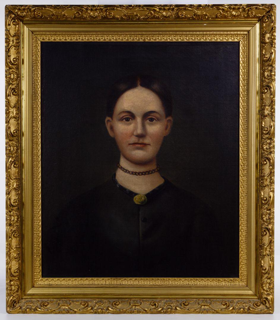Unknown Artist (American, 19th Century) Oil on Canvas: Unknown Artist (American, 19th Century) Oil on Canvas Undated, unsigned; portrait of a woman identified as 'Eliza Matilda Babbit' wife of Isaac Grandon (b.1836 Greene, PA) en verso of gold frame; fram