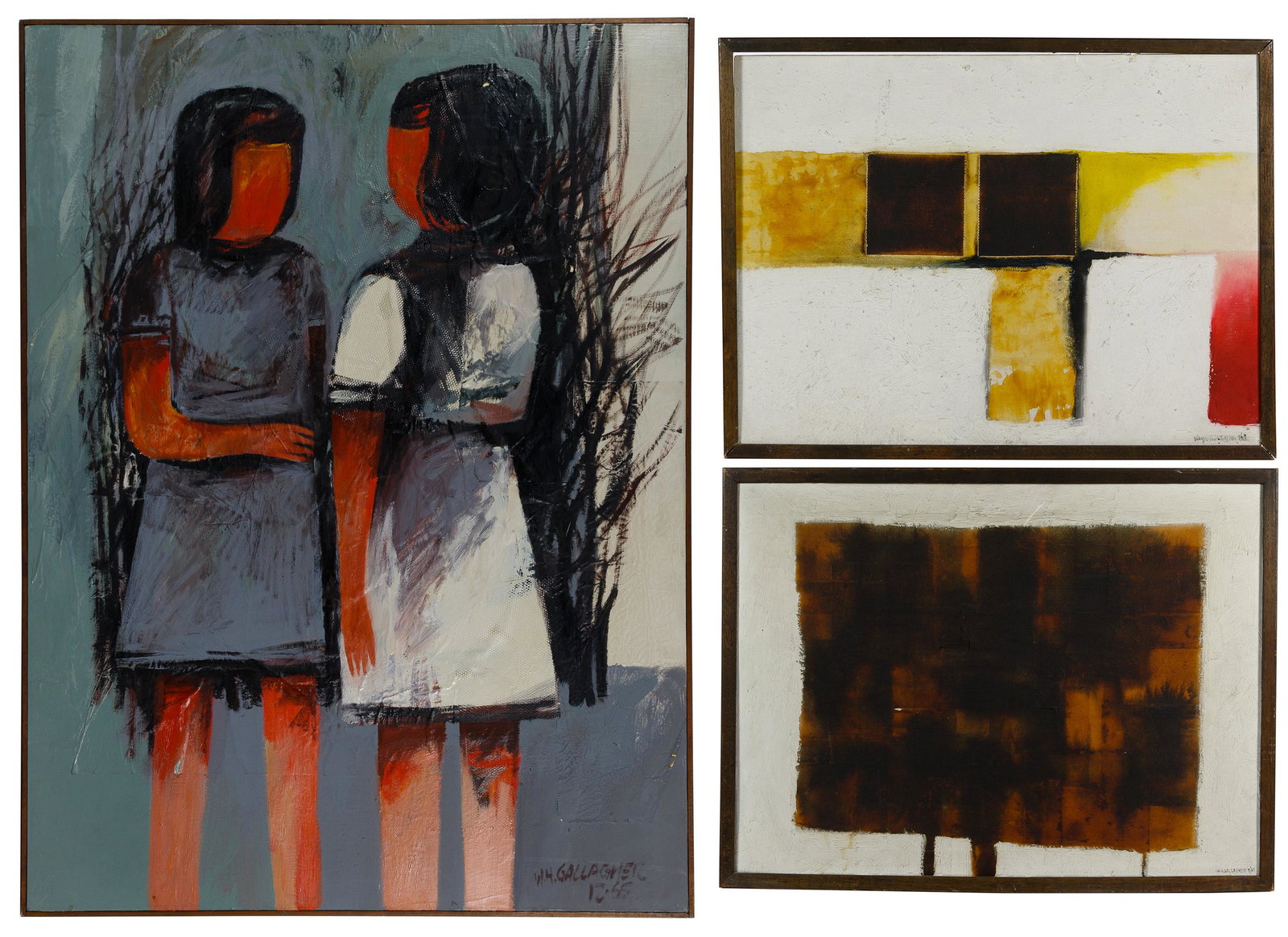 Wayne H. Gallagher (American, b.1931) Oils on Canvas: Wayne H. Gallagher (American, b.1931) Oils on Canvas Three items including 1965 'Two Girls', 1964 'Non Objective 63' and 1964 'Non Objective 78'; each signed and dated lower right and en verso; the la