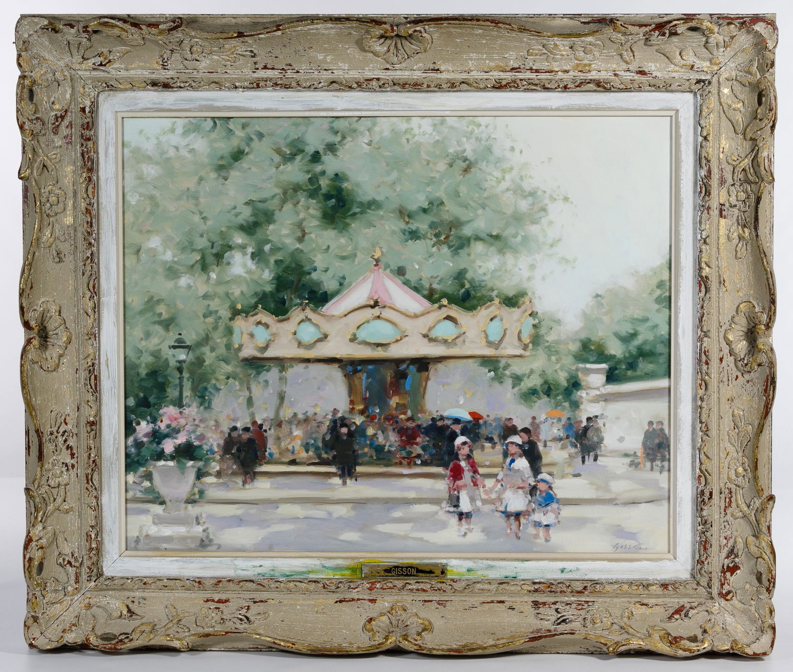 Andre Gisson (French, 1921-2003) Oil on Canvas: Andre Gisson (French, 1921-2003) Oil on Canvas Undated, signed lower right, impressionist style having soft colors, focal point carousel surrounded by people and foliage, brass name plate bottom cente