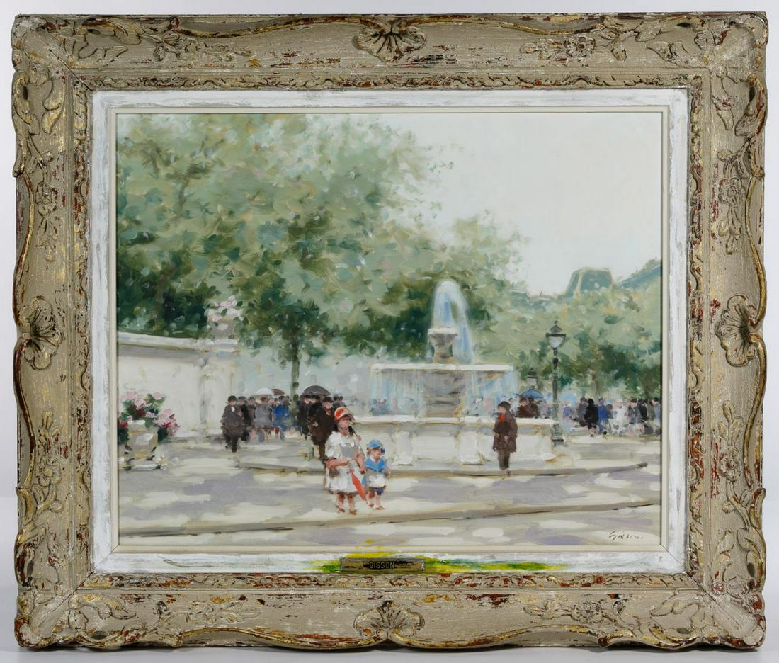 Andre Gisson (French, 1921-2003) Oil on Canvas: Andre Gisson (French, 1921-2003) Oil on Canvas Undated, signed bottom right, impressionist style using soft colors, park scene having people and a fountain, brass name plate bottom center, wooden pain