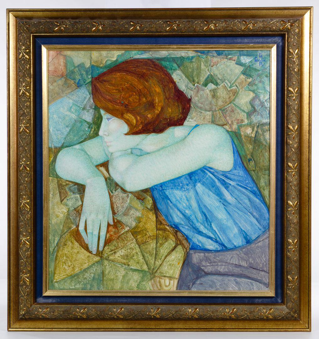 Gabriel Portoles (Spanish, b.1930) 'Thoughtful' Oil on: Gabriel Portoles (Spanish, b.1930) 'Thoughtful' Oil on Board Undated, signed upper right, depicting a woman resting on her left arm; a gold frame Condition: Very Good, no damage to artwork noted; ligh