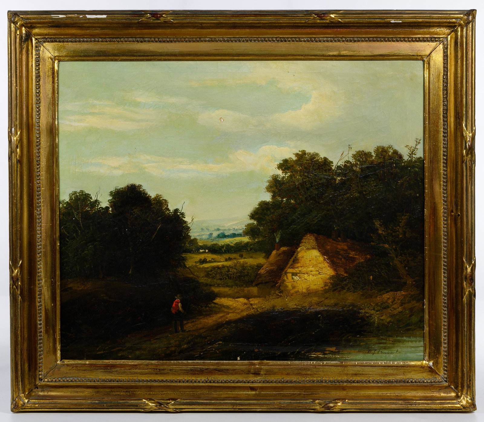Robert S. Lambert (English, 1849-1923) Oil on Canvas: Robert S. Lambert (English, 1849-1923) Oil on Canvas Undated, signed lower right, English country genre scene of a thatched roof farmhouse and woodlands, framed in gold; old typewritten artist informa