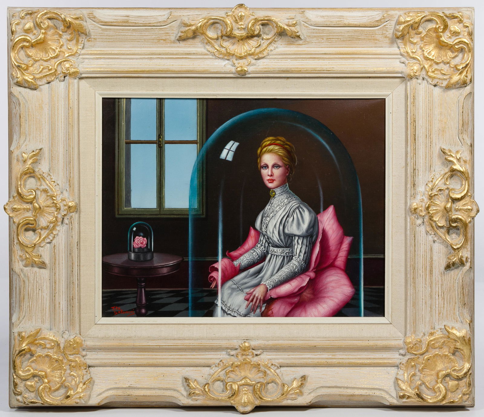 Tito Salomoni (Italian, 1928-1989) '18th Century Roses': Tito Salomoni (Italian, 1928-1989) '18th Century Roses' Oil on Canvas Undated, signed lower left, depicting a woman under a glass dome sitting on a pink rose, a rose under a glass dome on a lamp table