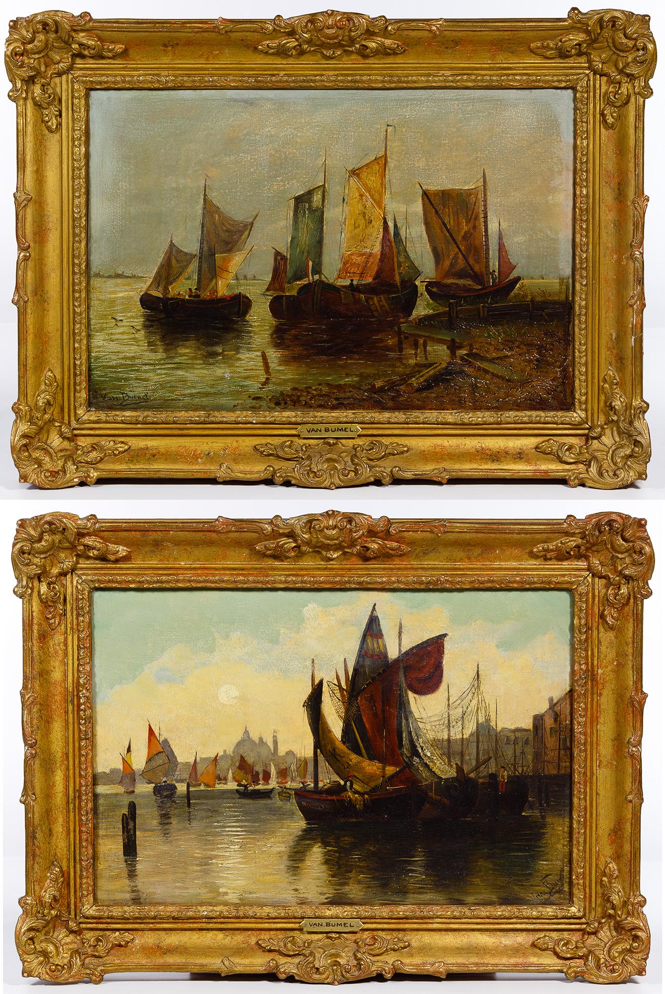 Various Artists (Continental School, 19th Century) Oil: Various Artists (Continental School, 19th Century) Oil on Canvas Two harbor scenes including an undated, signed 'Van Burnet' lower left as well as an undated 'Van Bumell' signed lower right, each attr