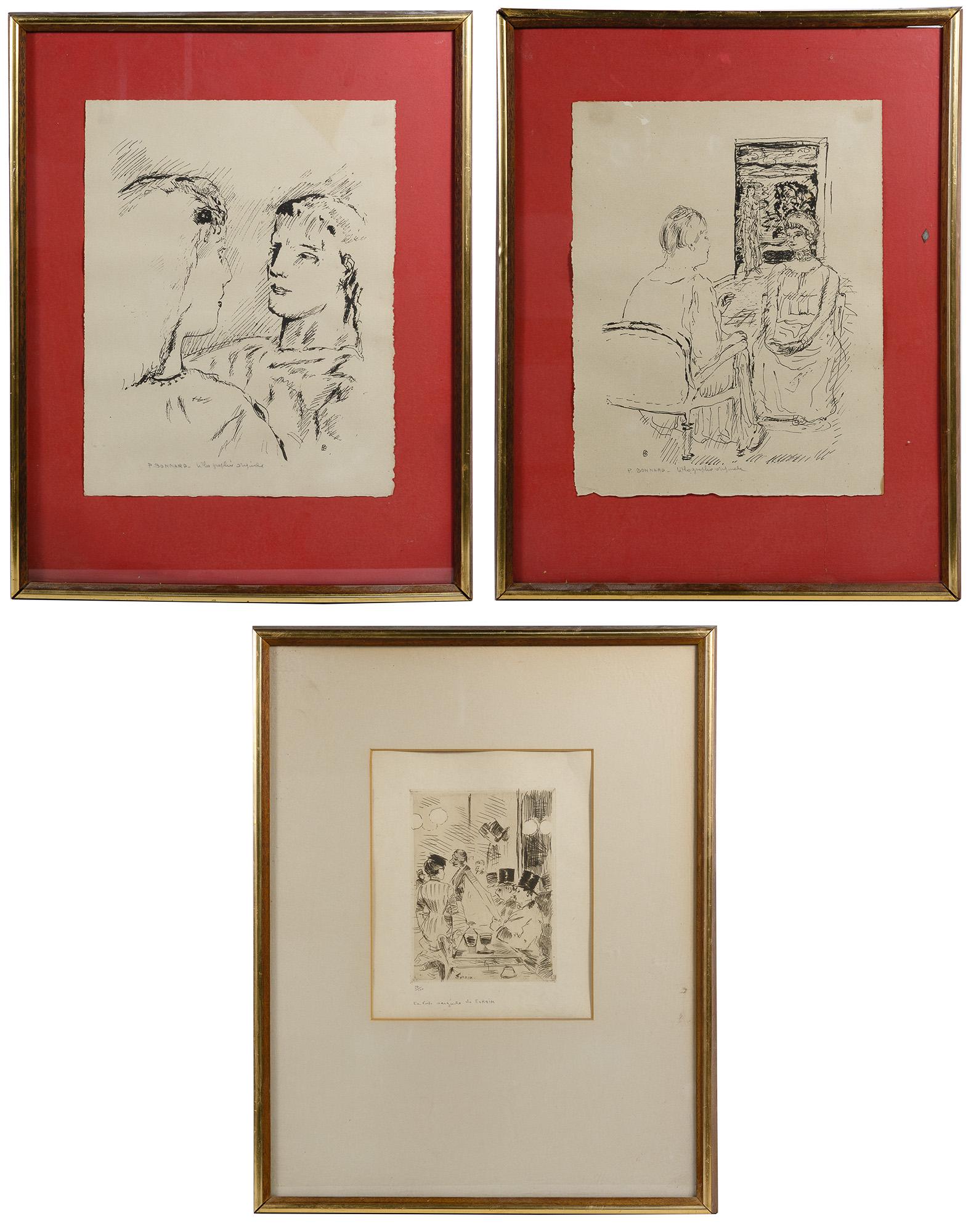 French Impressionist Print Assortment: French Impressionist Print Assortment Three items including Pierre Bonnard (French, 1867-1947) two illustrations from 'La Vie de Sainte Monique' lithographs, each undated and plate signed depicting fi