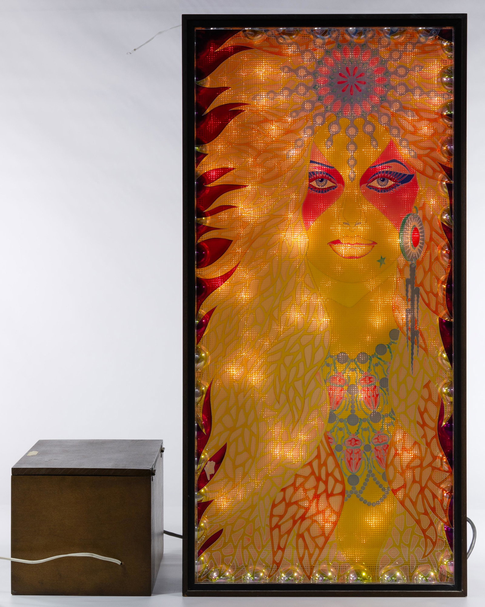 Dale Mills (American, 20th Century) 'The Fortune: Dale Mills (American, 20th Century) 'The Fortune Teller' Kinetic Sculpture Undated, unsigned, electronic sculpture consisting of a silk-screened sheet of plexiglass depicting a psychedelic seer backli