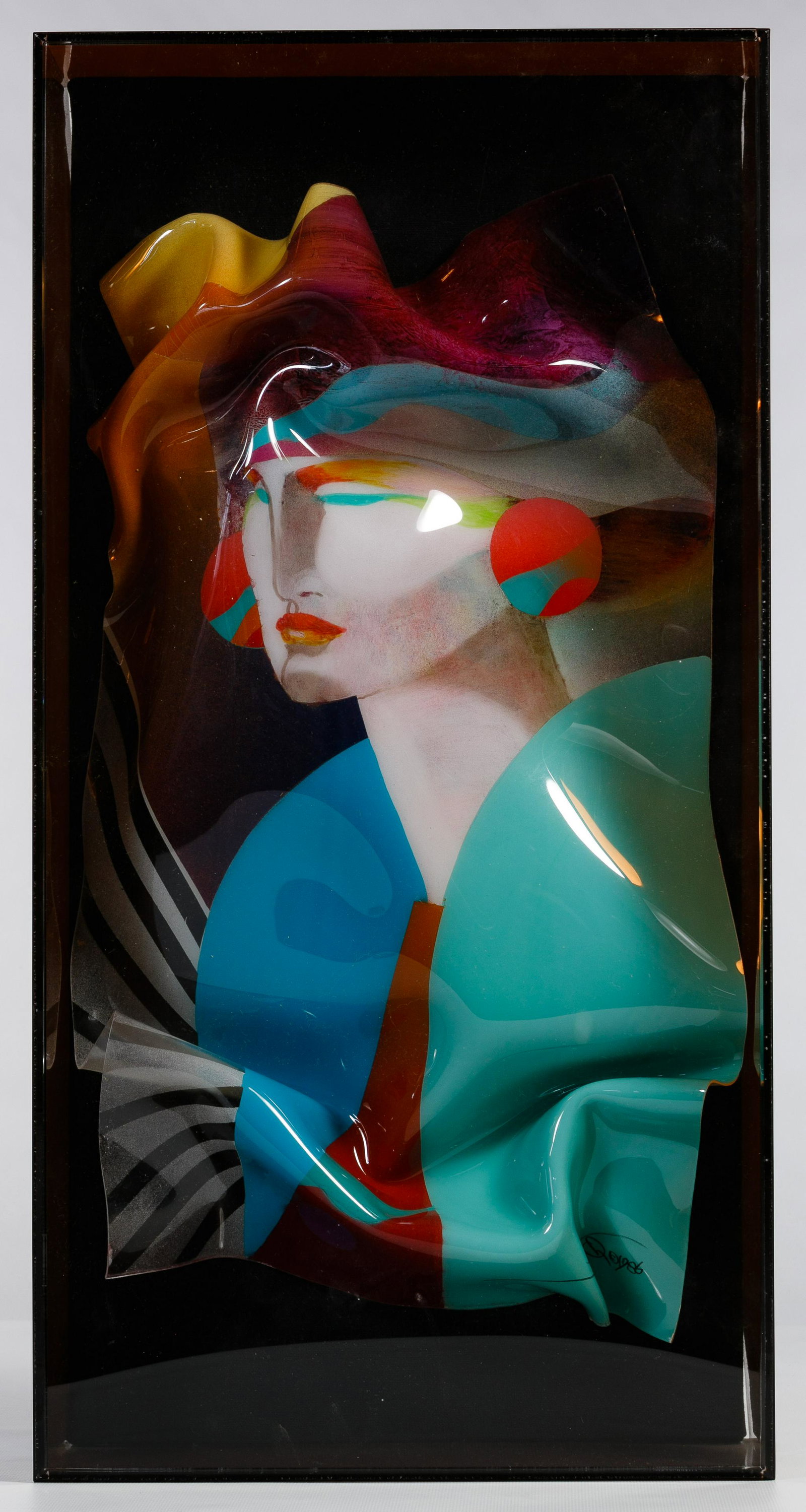 Ned Moulton (American, 20th Century) Acrylic Wall Art: Ned Moulton (American, 20th Century) Acrylic Wall Art 1986, signed lower right, depicting a female figure having colors of turquoise and orange, mounted in a black shadow box Condition: Very Good, no 