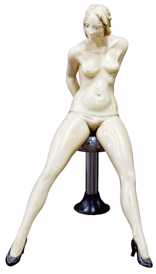 William C Robertson (American, 20th Century): William C Robertson (American, 20th Century) 'Bar Fly' Acrylic Sculpture 1977, signed on left side hair, life size, nude female figure, seated on a chrome bar stool Condition: Good, light wear, cracks