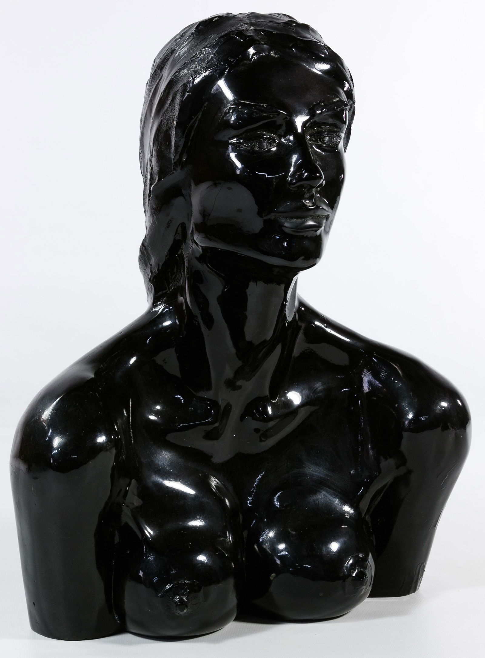 William Robertson (American, 20th Century) Acrylic: William Robertson (American, 20th Century) Acrylic Sculpture Undated, signed lower right back, done in black acrylic, a bust of a young woman nude, with long hair tied in back Condition: Good, light t