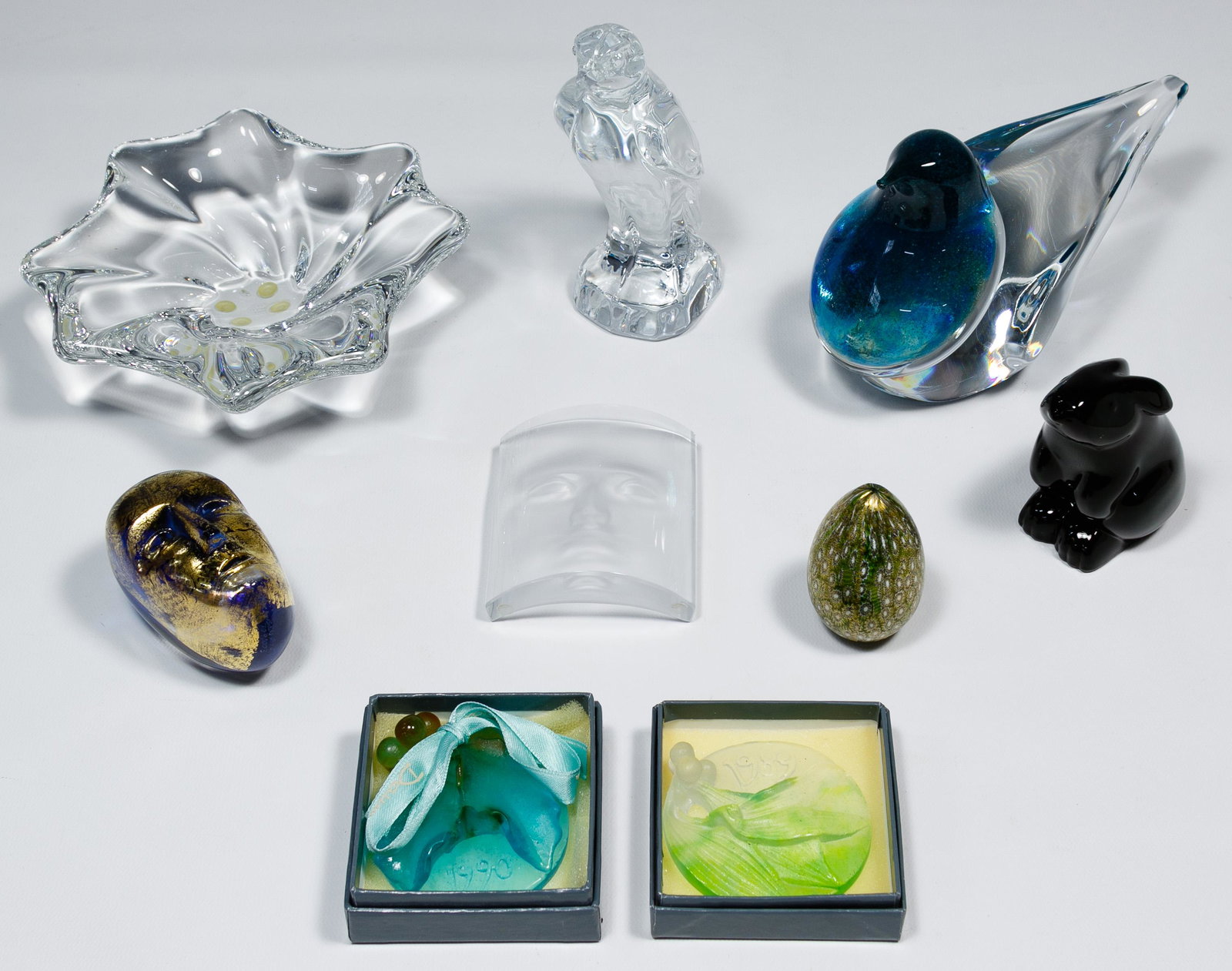 Signed Crystal and Glass Paperweight Assortment: Signed Crystal and Glass Paperweight Assortment Nine items including five Daum, two Baccarat, a Murano and Kosta Boda; all signed Condition: Very Good, no chips or cracks noted, light wear consistent 