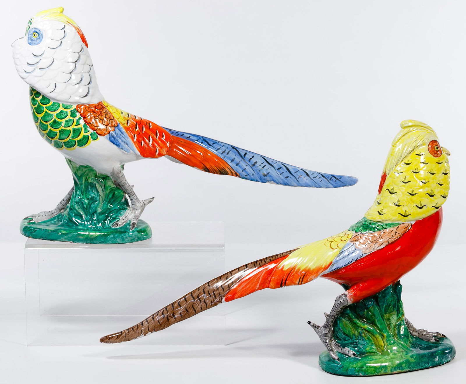 Italian Majolica Handpainted Bird Sculptures: Italian Majolica Handpainted Bird Sculptures Life-size pottery models of Chinese Pheasants, hand painted in vivid colors; unmarked Condition: Very Good, having chips / rough areas around the bases Hei