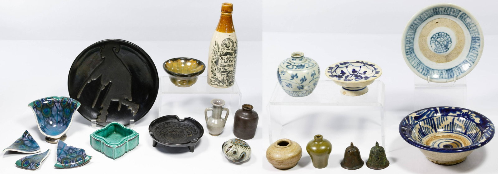 Signed and Southeast Asian Pottery Assortment: Signed and Southeast Asian Pottery Assortment Fifteen items including Dona Rosa black pottery plate and ashtray, painted frog Mexico, 'Old Jug Lager' beer bottle, Gustavsberg trinket box, 1930 Rookwoo