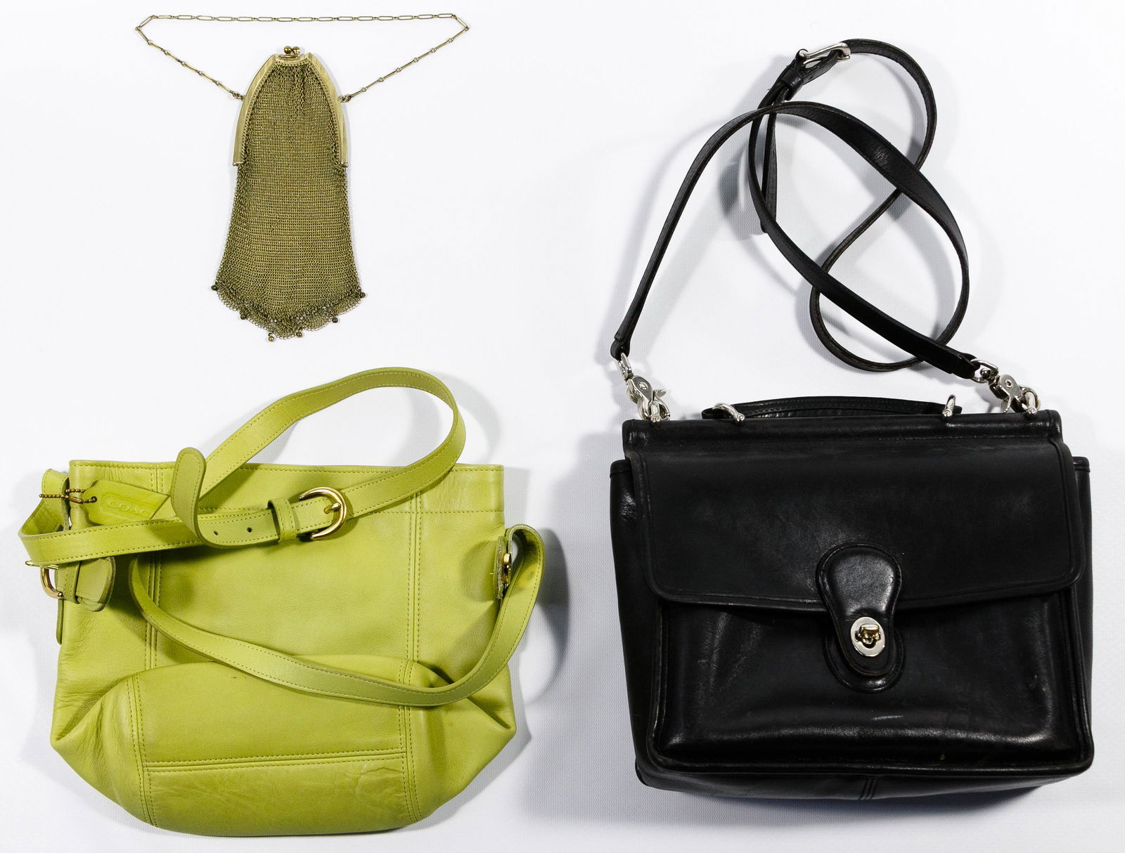 Coach Designer Purse Assortment: Coach Designer Purse Assortment Two items including a black Coach Doctors Bag (000-9927) having a shoulder strap, citrus green Soho Belted Sack (K6H-4156) having a shoulder strap; together with a smal