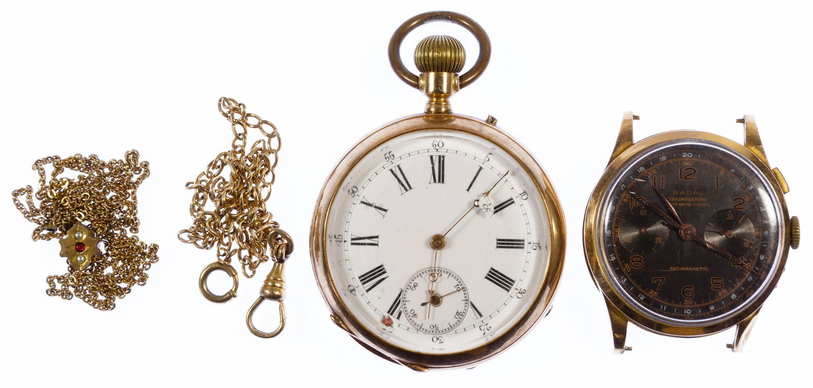 14k Gold Pocket Watch and 18k Gold Wrist Watch: 14k Gold Pocket Watch and 18k Gold Wrist Watch Including a Nadal marked '18k' wrist watch having a black face without a band and a pocket watch having a white face; together with two gold filled watch