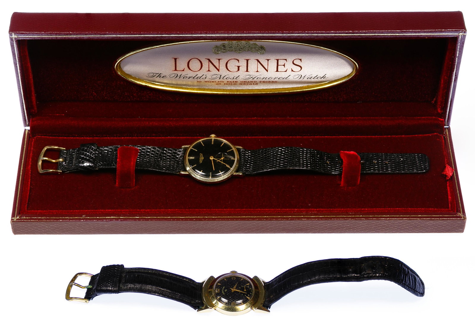 Longines and Lord Elgin Gold Filled Watches: Longines and Lord Elgin Gold Filled Watches Two watches including a Longines 17-jewel Swiss movement and a Lord Elgin 21-jewel Elgin movement; both mounted on leather wrist bands; Longines with origin