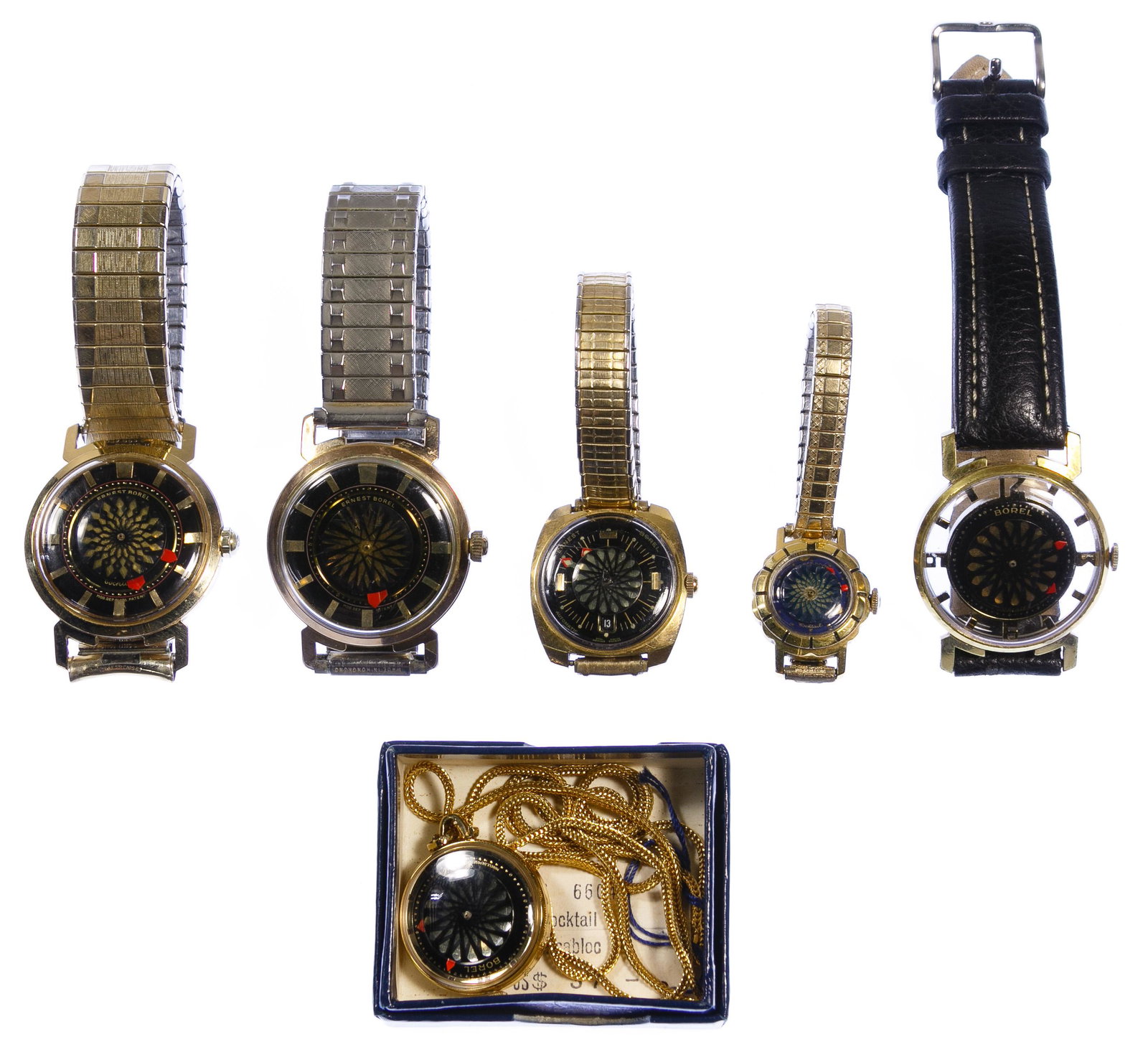 Ernst Borel Wrist Watch Assortment: Ernst Borel Wrist Watch Assortment Six items all having the c.1965 Kaleidoscope face, including three mens and three ladies; two automatic wind; four stretch bands, one leather band, one pendant Condi