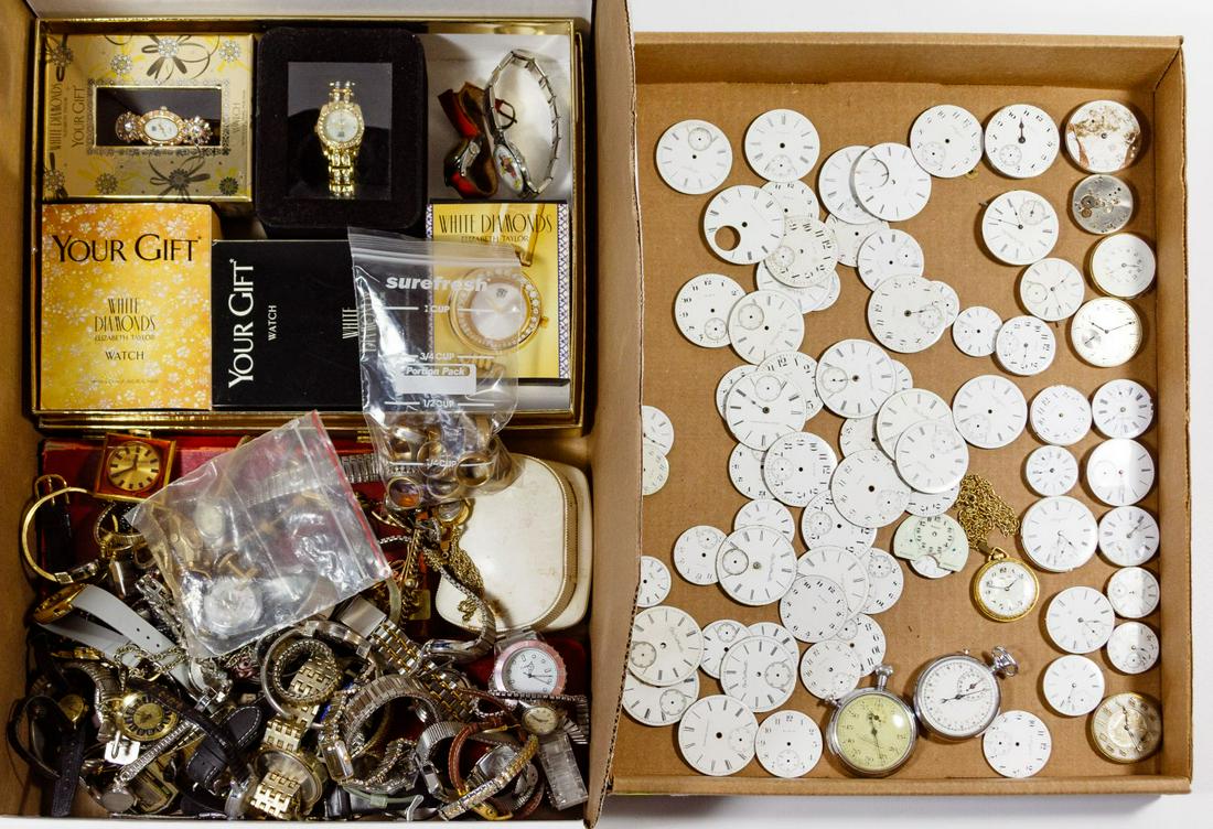 Pocket Watch and Wrist Watch and Part Assortment: Pocket Watch and Wrist Watch and Part Assortment Including five White Diamonds Perfume gift watches in original boxes; over fifty wristwatches, two Mickey Mouse; nineteen uncased watch works, fifty en