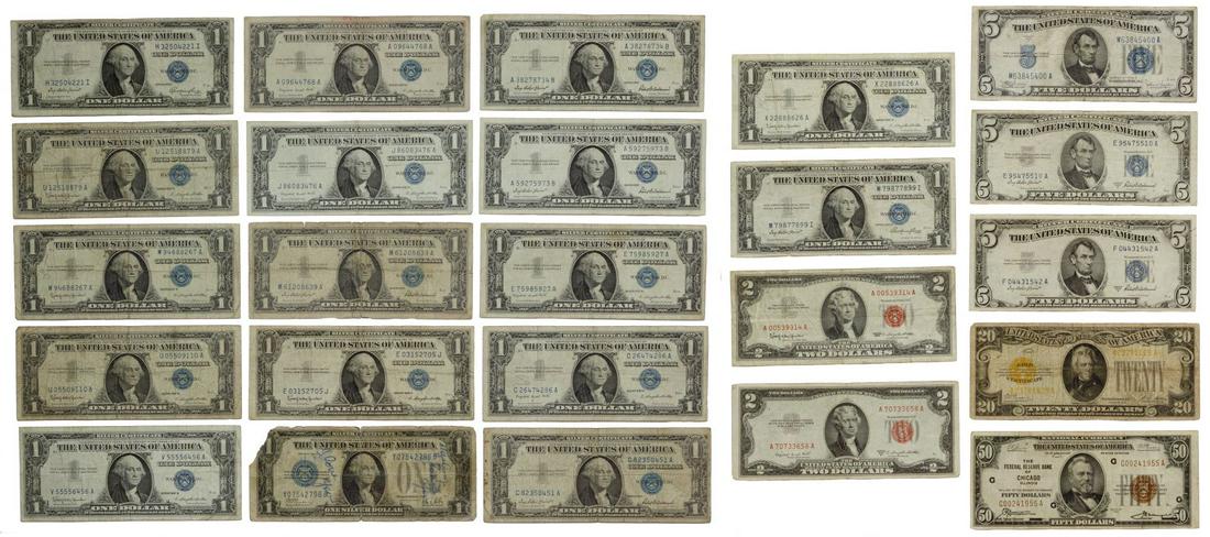 Silver Certificate Assortment: Silver Certificate Assortment $106 face value including (17) $1, (2) $2, (3) $5, a $20 and a $50 Category: Small Size Type Notes > Silver Certificates Shipping Status: Leonard Auction, Inc. will provi