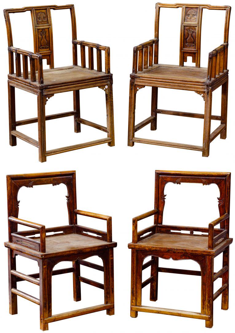 Asian Style Chair Assortment: Asian Style Chair Assortment Two pairs including two having hand carved back, metal strapping on corners and arms as well as two with rounded back and collar design Condition: Good, overall moderate w