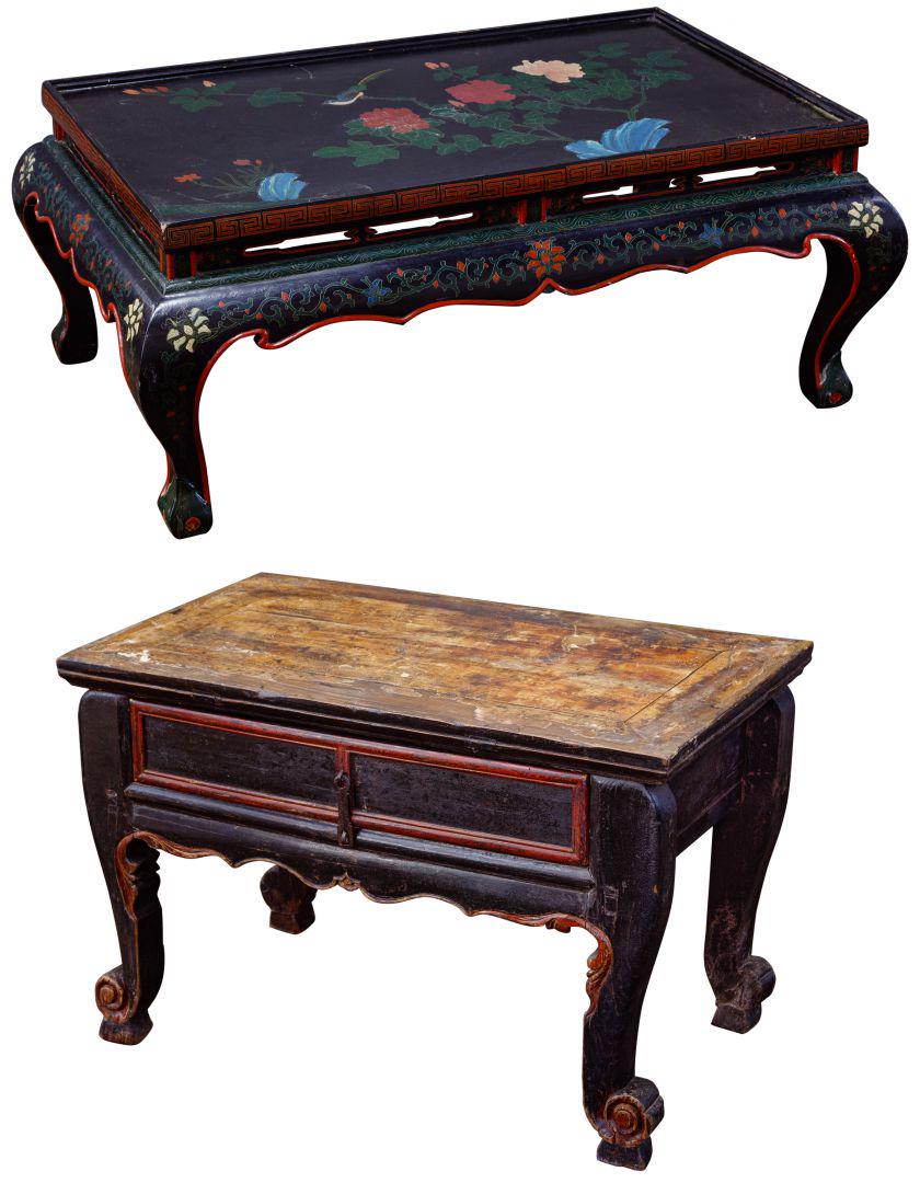 Asian Style Wood Furniture Assortment: Asian Style Wood Furniture Assortment Two items including a black lacquer coffee table having carved and painted botanical decoration and a rustic cabinet base having black and red painted decoration 